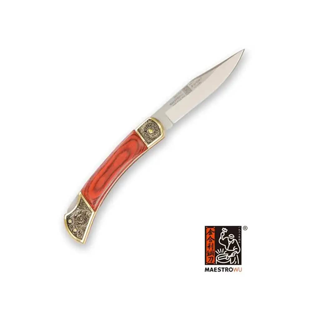 Maestro Wu Lockback Pocket Knife - Gold with Wood Grain Handle